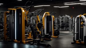 a dynamic fitness equipment repair workshop, showcasing a sleek array of polished gym machines being expertly serviced under bright, focused lighting that highlights the craftsmanship and precision involved in maintaining high-quality fitness gear.