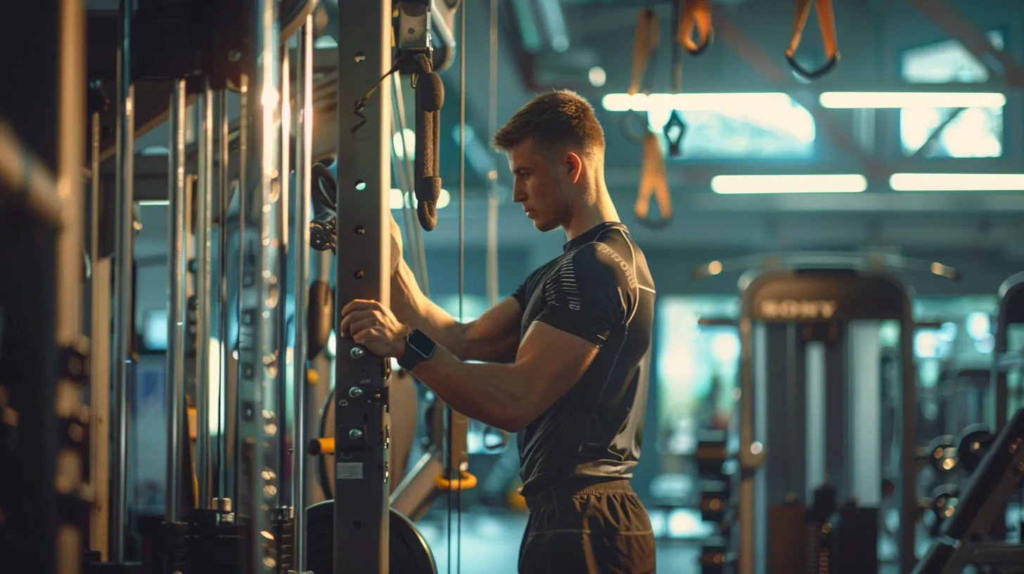 a dynamic gym scene showcases a skilled technician expertly repairing high-quality fitness equipment under bright, focused lighting, highlighting the importance of professional maintenance for optimal workout experiences.