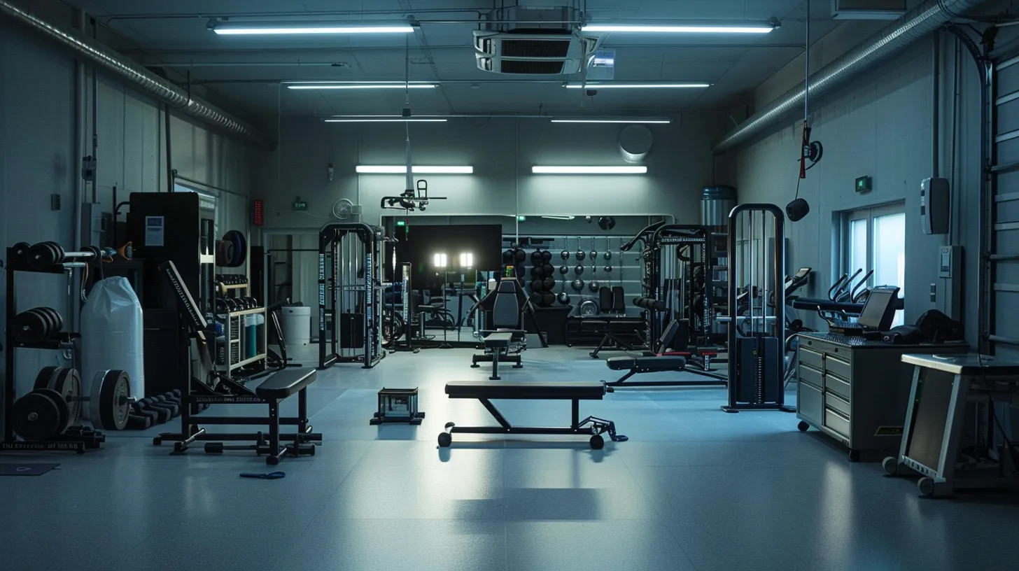 a meticulously organized gym repair workshop, showcasing various exercise equipment undergoing professional maintenance under bright, focused lighting, emphasizing the importance of quality assurance and optimal performance.