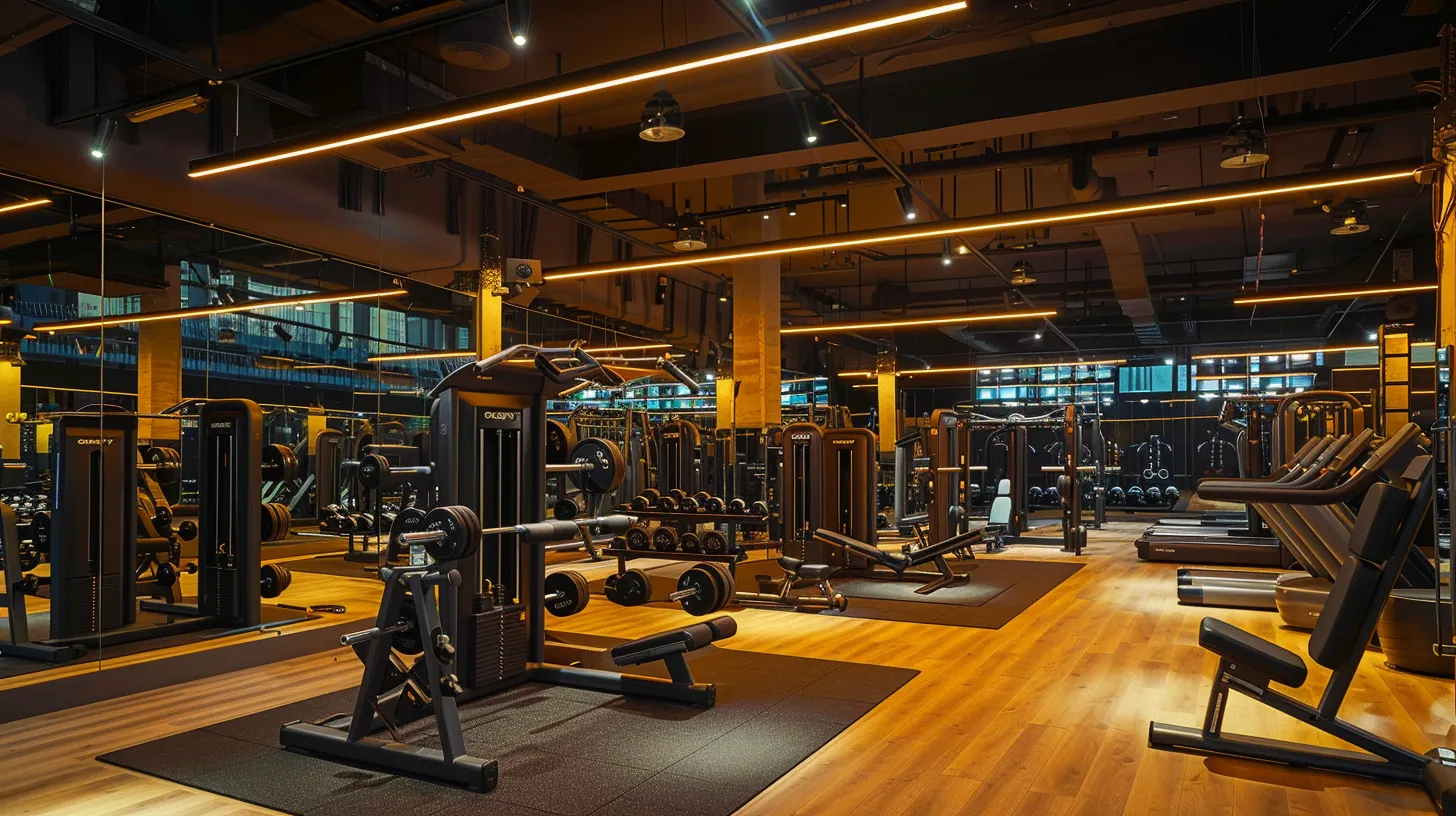 a modern gym bustling with energy, featuring diverse fitness equipment being expertly serviced by professionals, illuminated by bright overhead lights to convey a sense of efficiency and care for member satisfaction.