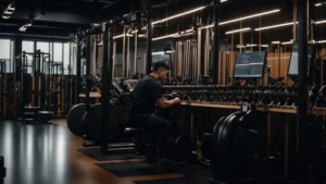 a clean and modern gym environment showcases a technician meticulously repairing a complex multistation cable system, illuminated by dynamic overhead lighting that highlights the intricate details of the equipment.