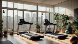 a vibrant, spacious apartment gym featuring modern fitness equipment and bright natural light streaming through large windows, embodying an atmosphere of motivation and wellness.