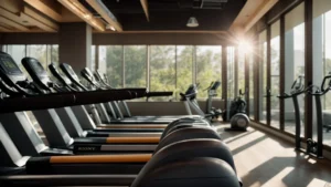 a gleaming row of meticulously maintained exercise equipment glistens under bright, natural light in a modern gym, showcasing the importance of care and upkeep for optimal performance.