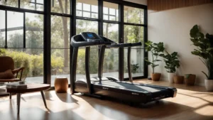 a sleek, modern life fitness treadmill stands prominently in a sunlit home gym, highlighting its advanced technology and inviting a sense of motivation for fitness enthusiasts.